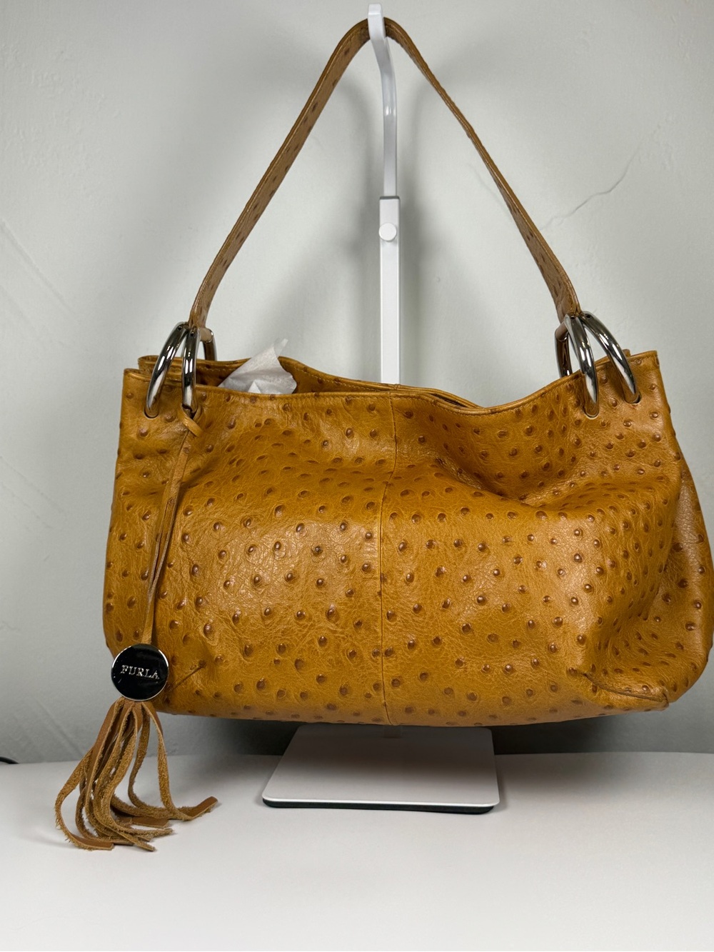 Furla Ochre Ostrich-Embossed Leather Shoulder Bag with Tassel